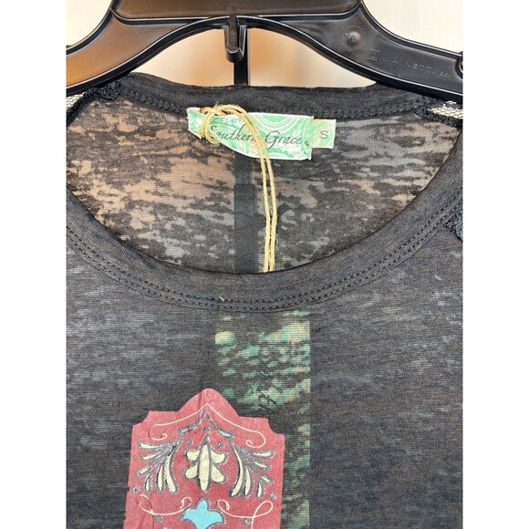 Southern Grace Black Lace & Maroon Blk Glitter Floral Cross Burnout Shirt Size S - Picture 5 of 9